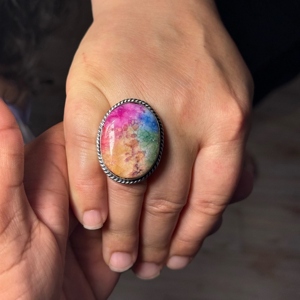 925 Silver Plated Multicolor Stone Ring Size Is Adjustable